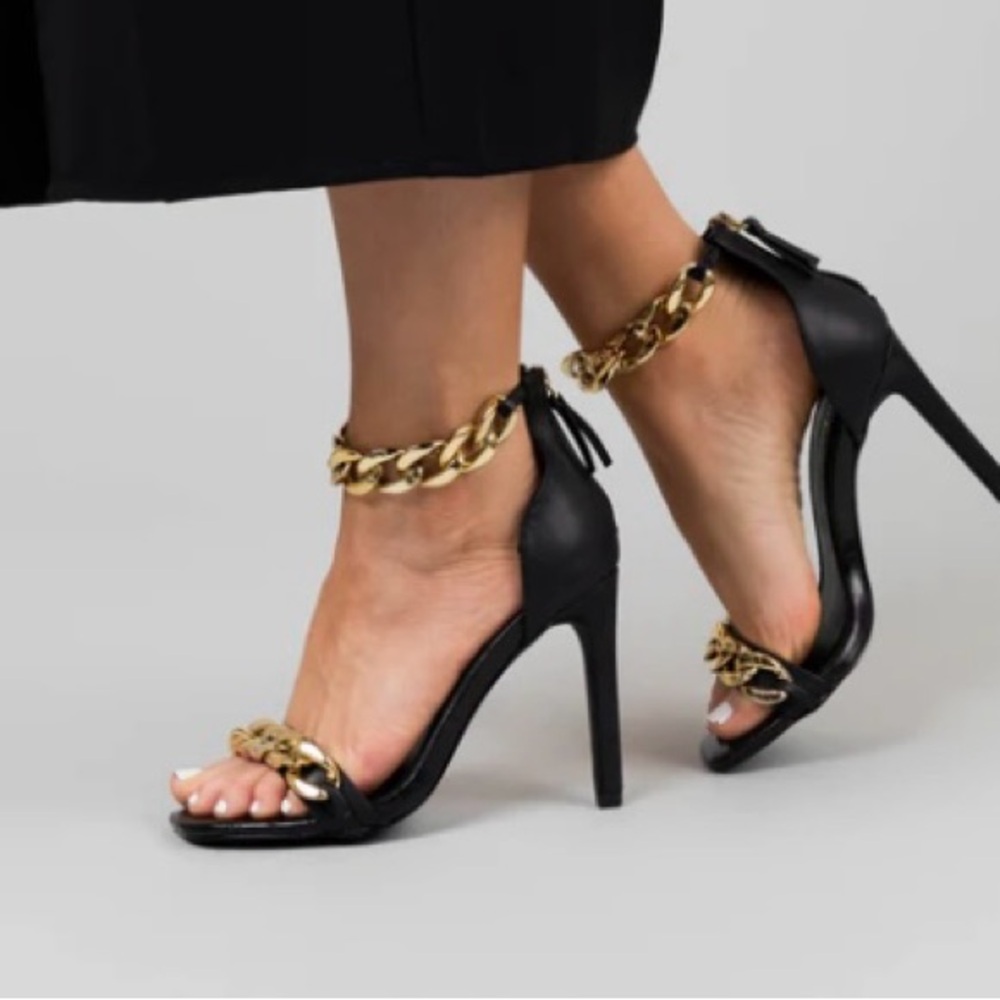 Black Heels with Gold Chain Detail and Stiletto Style